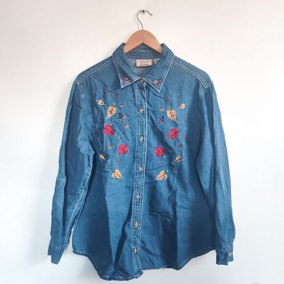 At Last & Co 14 / 16 Cotton Denim Embroidered  Shirt Button Womens Leaf Fall Vtg - Picture 2 of 10
